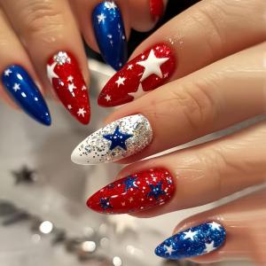imageBABALAL Beach Press on Nails Medium Almond Fake Nails Blue French Tip False Nails with 3D Shell Star Charm Designs Pearl White Nail Press ons Glossy Glue on Nails Cute Stick on Nails for Women 24PcsBNc117