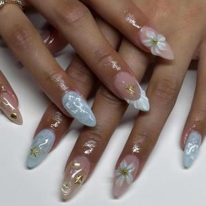 imageBABALAL Beach Press on Nails Medium Almond Fake Nails Blue French Tip False Nails with 3D Shell Star Charm Designs Pearl White Nail Press ons Glossy Glue on Nails Cute Stick on Nails for Women 24PcsBNc101