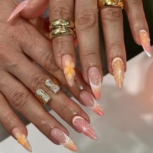 imageBABALAL Beach Press on Nails Medium Almond Fake Nails Blue French Tip False Nails with 3D Shell Star Charm Designs Pearl White Nail Press ons Glossy Glue on Nails Cute Stick on Nails for Women 24PcsBNc100