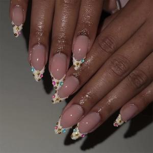 imageBABALAL Beach Press on Nails Medium Almond Fake Nails Blue French Tip False Nails with 3D Shell Star Charm Designs Pearl White Nail Press ons Glossy Glue on Nails Cute Stick on Nails for Women 24PcsBNc102