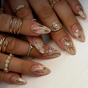 imageBABALAL Beach Press on Nails Medium Almond Fake Nails Blue French Tip False Nails with 3D Shell Star Charm Designs Pearl White Nail Press ons Glossy Glue on Nails Cute Stick on Nails for Women 24PcsBNc106