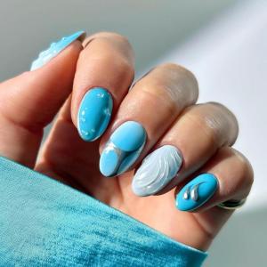 imageBABALAL Beach Press on Nails Medium Almond Fake Nails Blue French Tip False Nails with 3D Shell Star Charm Designs Pearl White Nail Press ons Glossy Glue on Nails Cute Stick on Nails for Women 24PcsBNc109