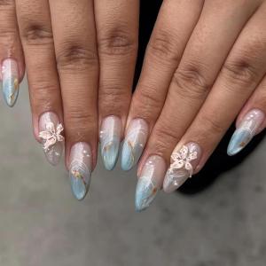 imageBABALAL Beach Press on Nails Medium Almond Fake Nails Blue French Tip False Nails with 3D Shell Star Charm Designs Pearl White Nail Press ons Glossy Glue on Nails Cute Stick on Nails for Women 24PcsBNc118