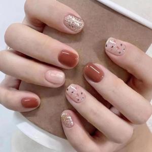 imageBABALAL Brown Press on Nails Medium Oval Fake Nails Fall Chrome Glue on Nails 24Pcs Cat Eye Shiny Round Acrylic Nails Manicure Stick on Nails for Women and GirlsNailB10nude