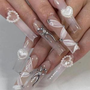 imageBABALAL Coffin Press on Nails Cute Acrylic Nails Long Ballerina Fake Nails Glossy Blue Pink Glue on Nails 3D Heart Charm Design for Women and GirlsCRJL07sliver