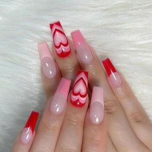 imageBABALAL Coffin Press on Nails Cute Acrylic Nails Long Ballerina Fake Nails Glossy Blue Pink Glue on Nails 3D Heart Charm Design for Women and GirlsCRJL18