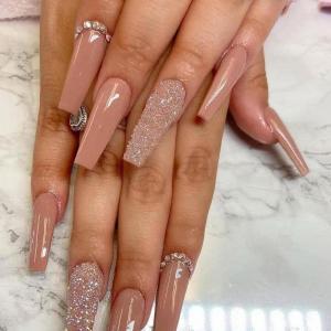 imageBABALAL Coffin Press on Nails Cute Acrylic Nails Long Ballerina Fake Nails Glossy Blue Pink Glue on Nails 3D Heart Charm Design for Women and GirlsCRJL02