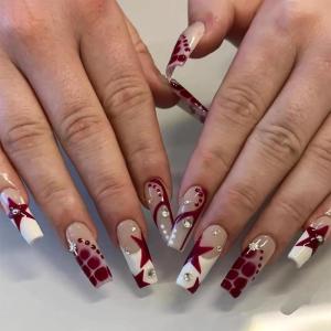 imageBABALAL Coffin Press on Nails Cute Acrylic Nails Long Ballerina Fake Nails Glossy Blue Pink Glue on Nails 3D Heart Charm Design for Women and GirlsCRJL181star