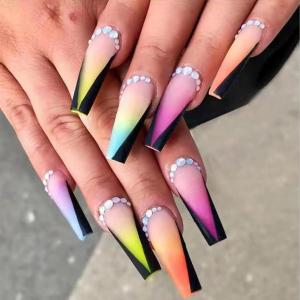 imageBABALAL Coffin Press on Nails Cute Acrylic Nails Long Ballerina Fake Nails Glossy Blue Pink Glue on Nails 3D Heart Charm Design for Women and GirlsCRJL11