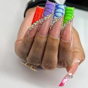 imageBABALAL Coffin Press on Nails Cute Acrylic Nails Long Ballerina Fake Nails Glossy Blue Pink Glue on Nails 3D Heart Charm Design for Women and GirlsCRJL07colorful