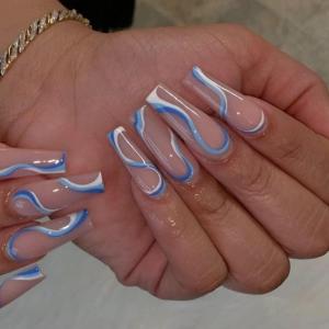 imageBABALAL Coffin Press on Nails Cute Acrylic Nails Long Ballerina Fake Nails Glossy Blue Pink Glue on Nails 3D Heart Charm Design for Women and GirlsCRJL20