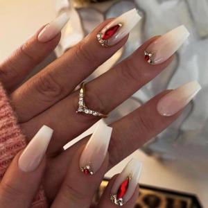 imageBABALAL Coffin Press on Nails Cute Acrylic Nails Long Ballerina Fake Nails Glossy Blue Pink Glue on Nails 3D Heart Charm Design for Women and GirlsCRJL07white