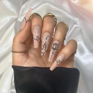 imageBABALAL Coffin Press on Nails Cute Acrylic Nails Long Ballerina Fake Nails Glossy Blue Pink Glue on Nails 3D Heart Charm Design for Women and GirlsCRJL08