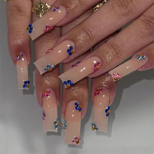 imageBABALAL Coffin Press on Nails Cute Acrylic Nails Long Ballerina Fake Nails Glossy Blue Pink Glue on Nails 3D Heart Charm Design for Women and GirlsCRJL09flower