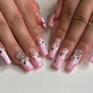 imageBABALAL Coffin Press on Nails Cute Acrylic Nails Long Ballerina Fake Nails Glossy Blue Pink Glue on Nails 3D Heart Charm Design for Women and GirlsCRJL09