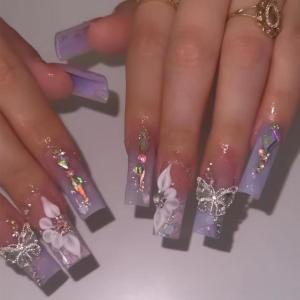 imageBABALAL Coffin Press on Nails Cute Acrylic Nails Long Ballerina Fake Nails Glossy Blue Pink Glue on Nails 3D Heart Charm Design for Women and GirlsCRJL07purple