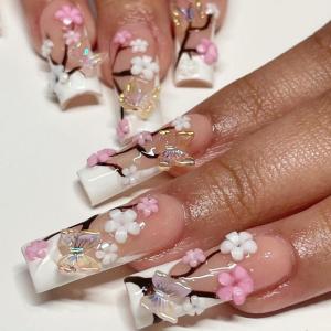 imageBABALAL Coffin Press on Nails Cute Acrylic Nails Long Ballerina Fake Nails Glossy Blue Pink Glue on Nails 3D Heart Charm Design for Women and GirlsCRJL183flower