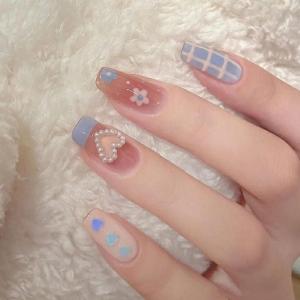 imageBABALAL Coffin Press on Nails Cute Acrylic Nails Long Ballerina Fake Nails Glossy Blue Pink Glue on Nails 3D Heart Charm Design for Women and GirlsCRJL01