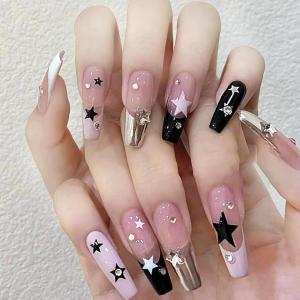 imageBABALAL Coffin Press on Nails Cute Acrylic Nails Long Ballerina Fake Nails Glossy Blue Pink Glue on Nails 3D Heart Charm Design for Women and GirlsStars