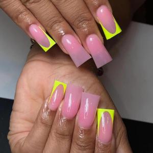 imageBABALAL French Tip Press on Nails Long Fake Nails Green Yellow Glue on Nails Duck Nails Acrylic Nails 24Pcs Stick on False Nails for Women and Girls
