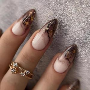 imageBABALAL Green Press On Almond Fake Nails Medium Glue On Gold Chrome Line Star Y2k Acrylic French Tip False 24Pcs Stiletto Manicure Artificial NailsANQ12