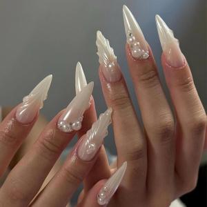 imageBABALAL Green Press On Almond Fake Nails Medium Glue On Gold Chrome Line Star Y2k Acrylic French Tip False 24Pcs Stiletto Manicure Artificial NailsANQ07