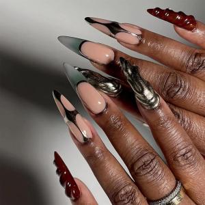 imageBABALAL Green Press On Almond Fake Nails Medium Glue On Gold Chrome Line Star Y2k Acrylic French Tip False 24Pcs Stiletto Manicure Artificial NailsANQ02