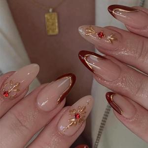 imageBABALAL Green Press On Almond Fake Nails Medium Glue On Gold Chrome Line Star Y2k Acrylic French Tip False 24Pcs Stiletto Manicure Artificial NailsANQ01