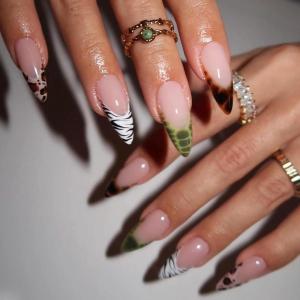 imageBABALAL Green Press On Almond Fake Nails Medium Glue On Gold Chrome Line Star Y2k Acrylic French Tip False 24Pcs Stiletto Manicure Artificial NailsANQ06