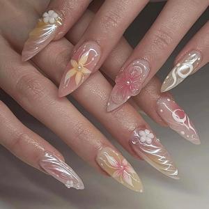 imageBABALAL Green Press On Almond Fake Nails Medium Glue On Gold Chrome Line Star Y2k Acrylic French Tip False 24Pcs Stiletto Manicure Artificial NailsANQ04flower