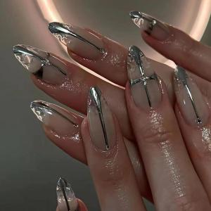 imageBABALAL Green Press On Almond Fake Nails Medium Glue On Gold Chrome Line Star Y2k Acrylic French Tip False 24Pcs Stiletto Manicure Artificial NailsANQ03sliver