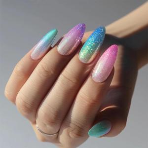 imageBABALAL Green Press On Almond Fake Nails Medium Glue On Gold Chrome Line Star Y2k Acrylic French Tip False 24Pcs Stiletto Manicure Artificial NailsANQ13