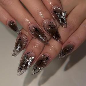 imageBABALAL Green Press On Almond Fake Nails Medium Glue On Gold Chrome Line Star Y2k Acrylic French Tip False 24Pcs Stiletto Manicure Artificial NailsANQ04