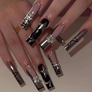 imageBABALAL Long Square Press on Nails French Tip Fake Nails Red Sliver False Nails with Bow Rhinestone Charm Designs Long Square Nail Press ons Sparkly Bling Nails Supplies Stick on Nails for Women 24PcsBNB102