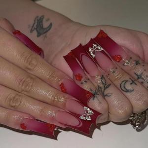 imageBABALAL Long Square Press on Nails French Tip Fake Nails Red Sliver False Nails with Bow Rhinestone Charm Designs Long Square Nail Press ons Sparkly Bling Nails Supplies Stick on Nails for Women 24PcsBNB104