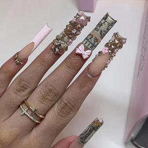 imageBABALAL Long Square Press on Nails French Tip Fake Nails Red Sliver False Nails with Bow Rhinestone Charm Designs Long Square Nail Press ons Sparkly Bling Nails Supplies Stick on Nails for Women 24PcsBNB102Rich