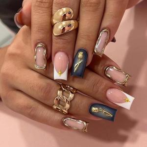imageBABALAL Long Square Press on Nails French Tip Fake Nails Red Sliver False Nails with Bow Rhinestone Charm Designs Long Square Nail Press ons Sparkly Bling Nails Supplies Stick on Nails for Women 24PcsBNB105