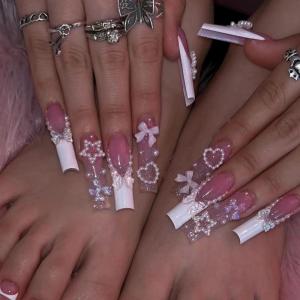 imageBABALAL Long Square Press on Nails French Tip Fake Nails Red Sliver False Nails with Bow Rhinestone Charm Designs Long Square Nail Press ons Sparkly Bling Nails Supplies Stick on Nails for Women 24PcsBNB106
