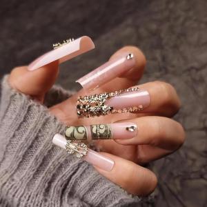imageBABALAL Long Square Press on Nails French Tip Fake Nails Red Sliver False Nails with Bow Rhinestone Charm Designs Long Square Nail Press ons Sparkly Bling Nails Supplies Stick on Nails for Women 24PcsBNB107