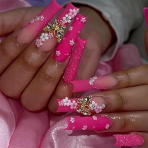 imageBABALAL Long Square Press on Nails French Tip Fake Nails Red Sliver False Nails with Bow Rhinestone Charm Designs Long Square Nail Press ons Sparkly Bling Nails Supplies Stick on Nails for Women 24PcsBNB124