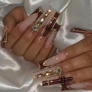 imageBABALAL Long Square Press on Nails French Tip Fake Nails Red Sliver False Nails with Bow Rhinestone Charm Designs Long Square Nail Press ons Sparkly Bling Nails Supplies Stick on Nails for Women 24PcsBNB103