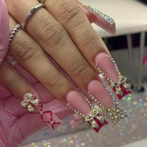 imageBABALAL Long Square Press on Nails French Tip Fake Nails Red Sliver False Nails with Bow Rhinestone Charm Designs Long Square Nail Press ons Sparkly Bling Nails Supplies Stick on Nails for Women 24PcsBNB117