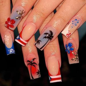 imageBABALAL Long Square Press on Nails French Tip Fake Nails Red Sliver False Nails with Bow Rhinestone Charm Designs Long Square Nail Press ons Sparkly Bling Nails Supplies Stick on Nails for Women 24PcsBNB118