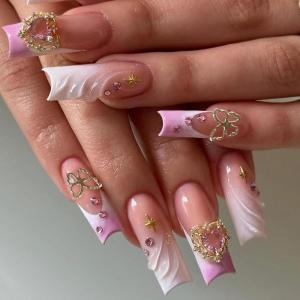 imageBABALAL Long Square Press on Nails French Tip Fake Nails Red Sliver False Nails with Bow Rhinestone Charm Designs Long Square Nail Press ons Sparkly Bling Nails Supplies Stick on Nails for Women 24PcsBNB112