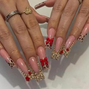 imageBABALAL Long Square Press on Nails French Tip Fake Nails Red Sliver False Nails with Bow Rhinestone Charm Designs Long Square Nail Press ons Sparkly Bling Nails Supplies Stick on Nails for Women 24PcsBNB114