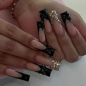 imageBABALAL Long Square Press on Nails French Tip Fake Nails Red Sliver False Nails with Bow Rhinestone Charm Designs Long Square Nail Press ons Sparkly Bling Nails Supplies Stick on Nails for Women 24PcsBNB116