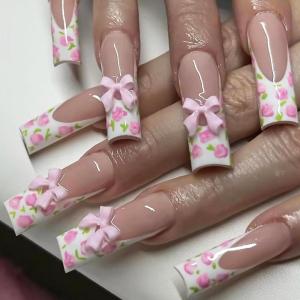 imageBABALAL Long Square Press on Nails French Tip Fake Nails Red Sliver False Nails with Bow Rhinestone Charm Designs Long Square Nail Press ons Sparkly Bling Nails Supplies Stick on Nails for Women 24PcsBNB122