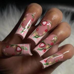 imageBABALAL Long Square Press on Nails French Tip Fake Nails Red Sliver False Nails with Bow Rhinestone Charm Designs Long Square Nail Press ons Sparkly Bling Nails Supplies Stick on Nails for Women 24PcsBNB110