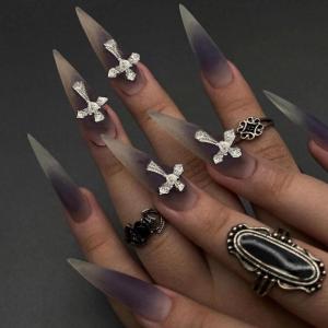 imageBABALAL Long Stiletto Press on Nails Almond Fake Nails Black Goth Acrylic Nails Supplies Blue Butterfly Y2k Glue on Nails Art 24Pcs Glossy Manicure Artificial Nails Full Cover False NailsBND101