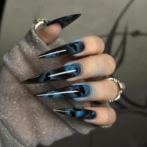 imageBABALAL Long Stiletto Press on Nails Almond Fake Nails Black Goth Acrylic Nails Supplies Blue Butterfly Y2k Glue on Nails Art 24Pcs Glossy Manicure Artificial Nails Full Cover False NailsBND108